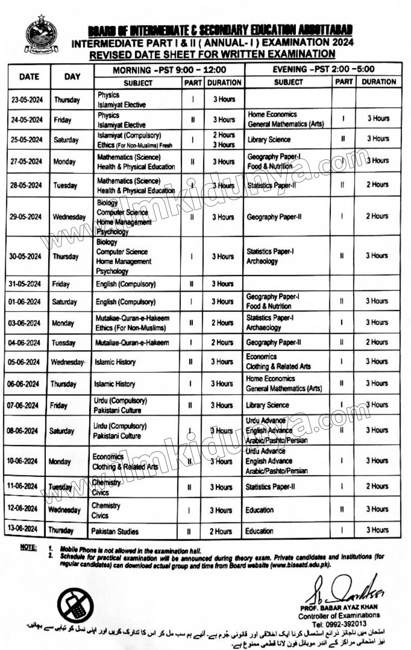 BISE Abbottabad Board HSSC Date Sheet 2024 Part 1, 2